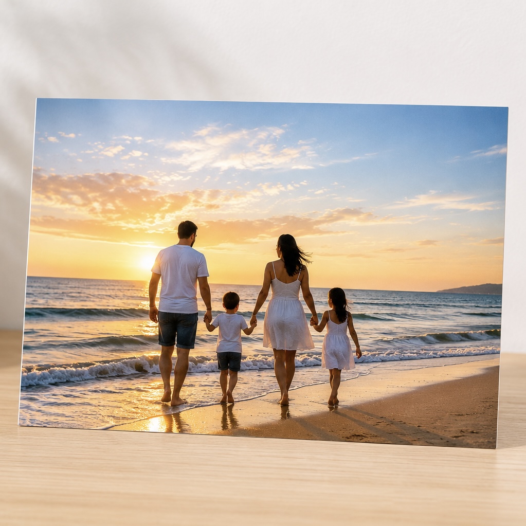 Family of four holds hands as they walk along the beach at sunset on the shoreline with waves lapping the sand.