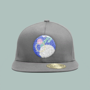 Grey baseball cap with an embroidered circular Earth globe on the front panel.