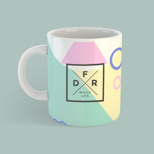mug-2 - The Place Ceramic mug featuring a pastel geometric design with a black square logo at the center, containing diagonal lines and letters, on a muted teal background.