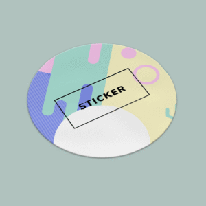 Oval pastel abstract sticker with the word STICKER in a black rectangular frame on a muted gray-green background.