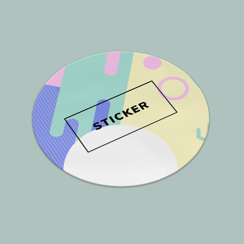 sticker-1 - The Place Oval pastel abstract sticker with the word STICKER in a black rectangular frame on a muted gray-green background.
